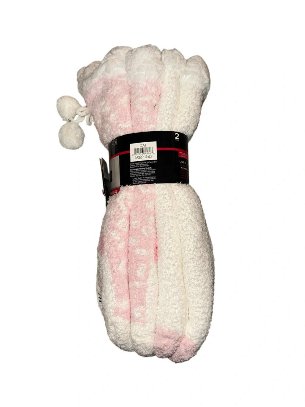 Cuddl Duds Cat Pink & White Sherpa Critter Socks with Pom Detail